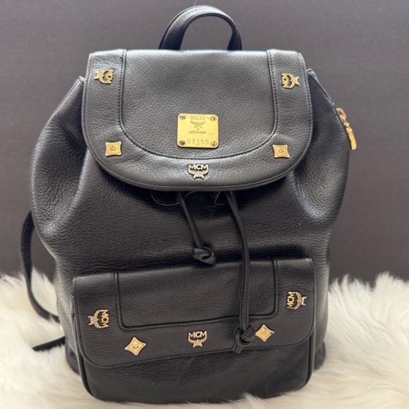 MCM Leather Drawstring Backpack Gold Brass HDWRE Pocket Adjustable Strap - Picture 1 of 9